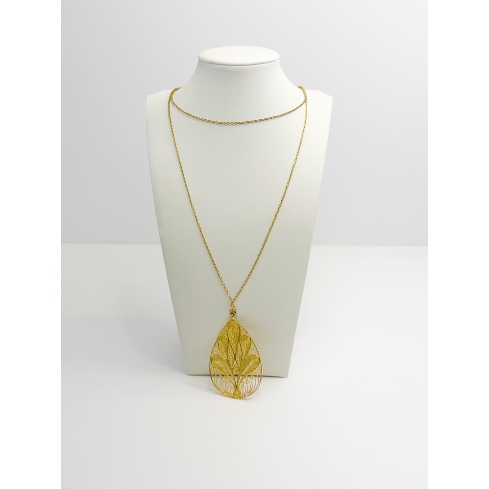 AV 925 Gold Filigree Teardrop Pendant Long Necklace Boho Statement Minimalist